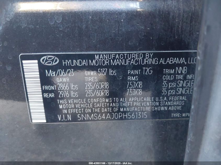 2023 Hyundai Santa Fe Xrt VIN: 5NMS64AJ0PH561315 Lot: 43951166