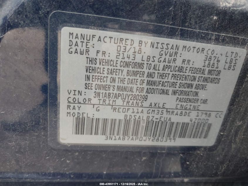 2018 Nissan Sentra S VIN: 3N1AB7AP0JY280399 Lot: 43951171