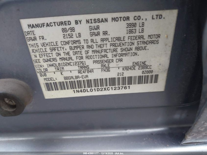 1999 Nissan Altima Gle/Gxe/Se/Se-L/Xe VIN: 1N4DL01D2XC123761 Lot: 43951177