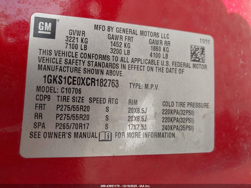 2012 GMC Yukon Slt VIN: 1GKS1CE0XCR182763 Lot: 43951179