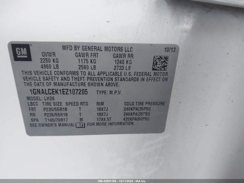 2014 Chevrolet Equinox 2Lt VIN: 1GNALCEK1EZ107205 Lot: 43951182