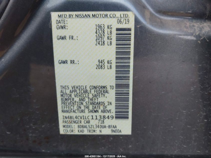 2020 Nissan Altima Sr Fwd VIN: 1N4BL4CV1LC113849 Lot: 43951184