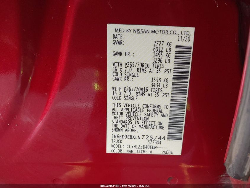 2020 Nissan Frontier Sv 4X4 VIN: 1N6ED0EBXLN725744 Lot: 43951186