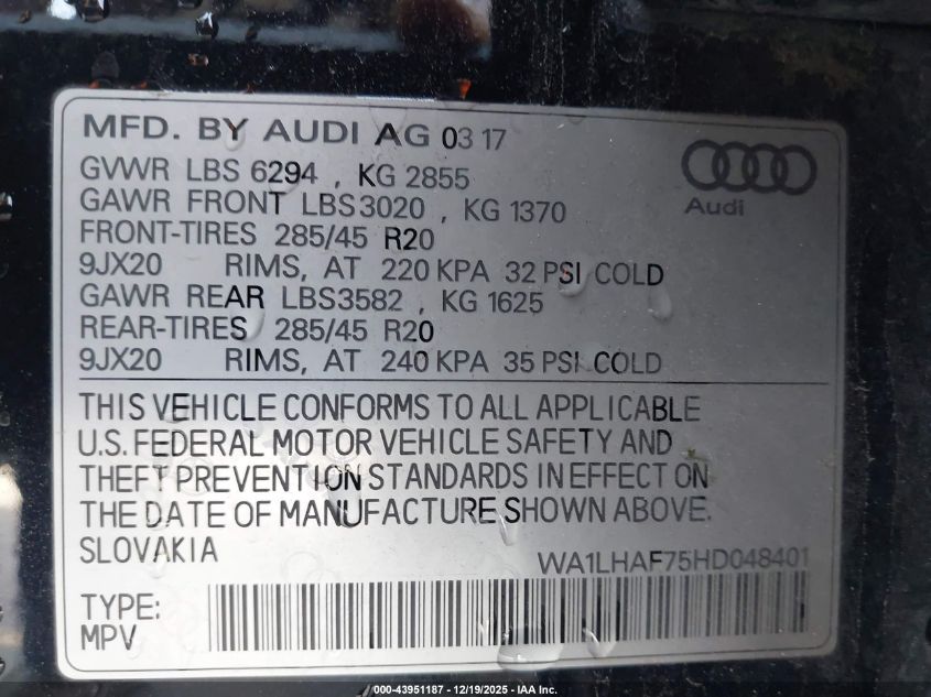 2017 Audi Q7 2.0T Premium VIN: WA1LHAF75HD048401 Lot: 43951187
