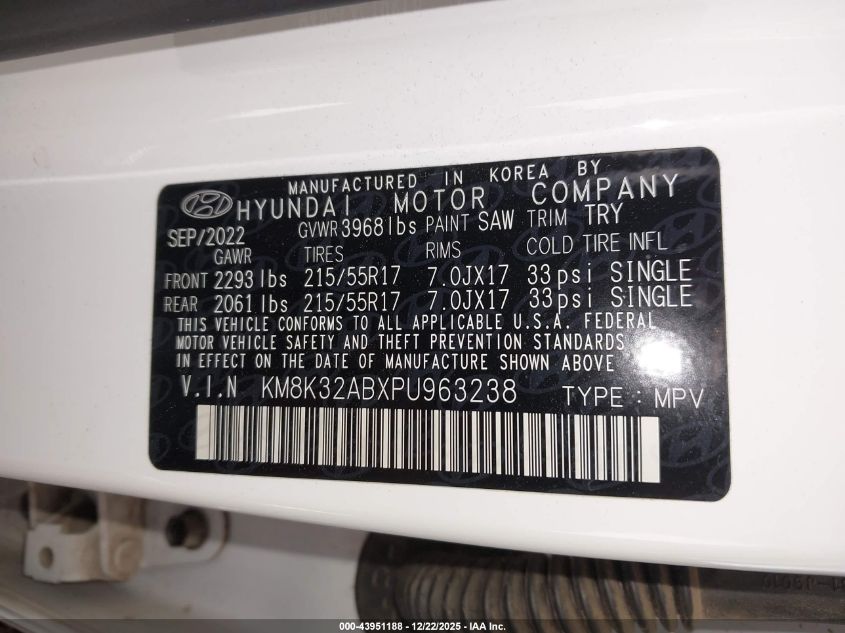 2023 Hyundai Kona Sel VIN: KM8K32ABXPU963238 Lot: 43951188
