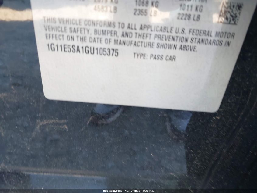 2016 Chevrolet Malibu Limited Ltz VIN: 1G11E5SA1GU105375 Lot: 43951189