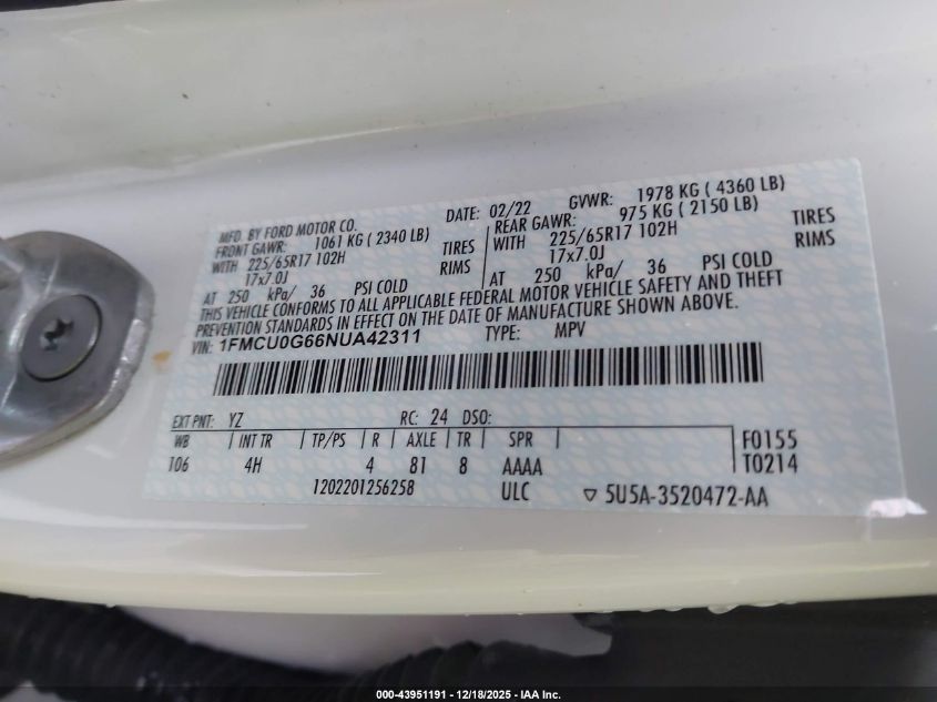 2022 Ford Escape Se VIN: 1FMCU0G66NUA42311 Lot: 43951191