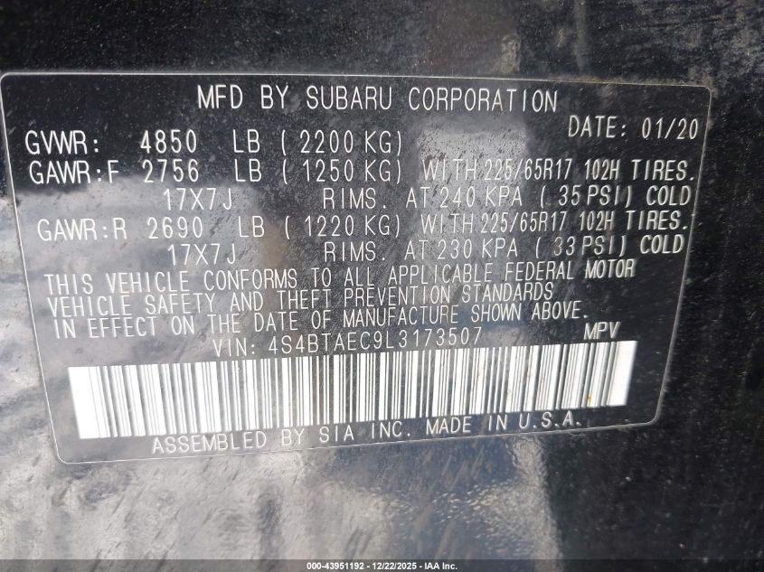 2020 Subaru Outback Premium VIN: 4S4BTAEC9L3173507 Lot: 43951192