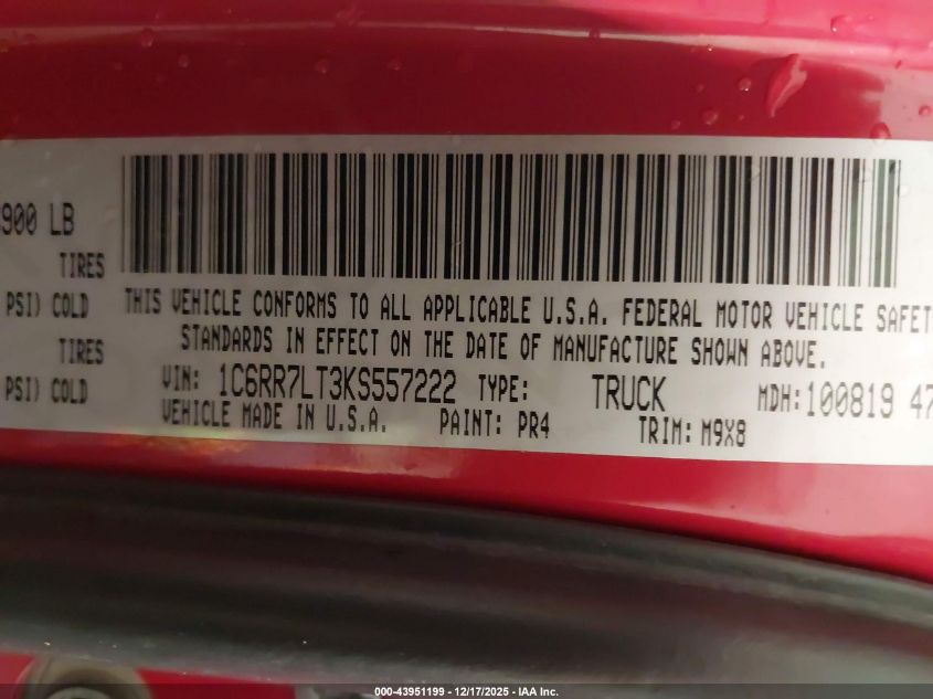 2019 Ram 1500 Classic Big Horn 4X4 5'7 Box VIN: 1C6RR7LT3KS557222 Lot: 43951199