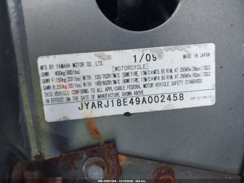 2009 Yamaha Fz6 R VIN: JYARJ18E49A002458 Lot: 43951204