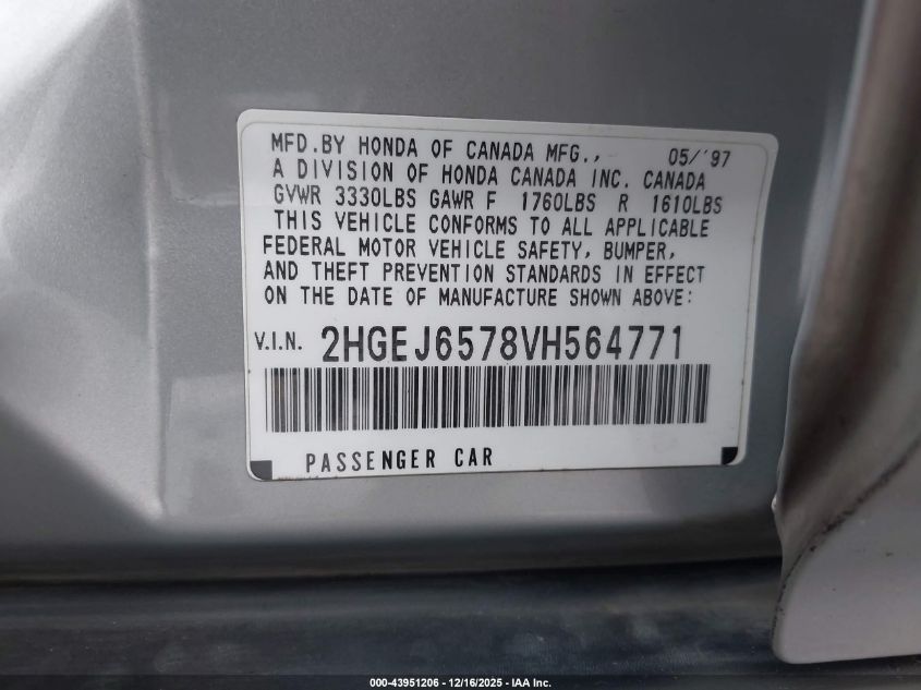 1997 Honda Civic Lx VIN: 2HGEJ6578VH564771 Lot: 43951206