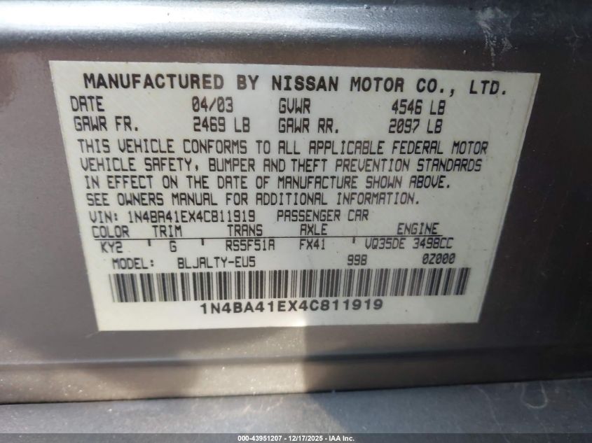 2004 Nissan Maxima 3.5 Se VIN: 1N4BA41EX4C811919 Lot: 43951207