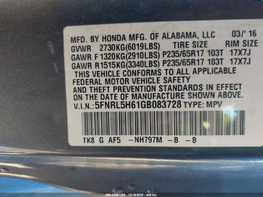 2016 Honda Odyssey Ex-L VIN: 5FNRL5H61GB083728 Lot: 43951208