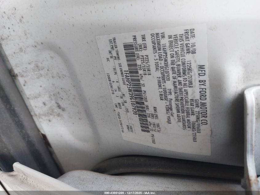 2009 Ford Taurus Limited VIN: 1FAHP25W39G107920 Lot: 43951209