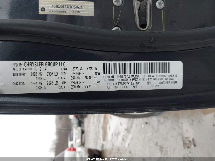 2014 Jeep Compass Latitude VIN: 1C4NJDEB4ED761652 Lot: 43951214