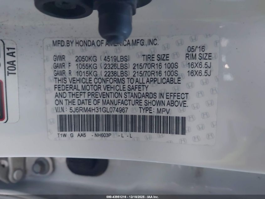 2016 Honda Cr-V Lx VIN: 5J6RM4H31GL074967 Lot: 43951216