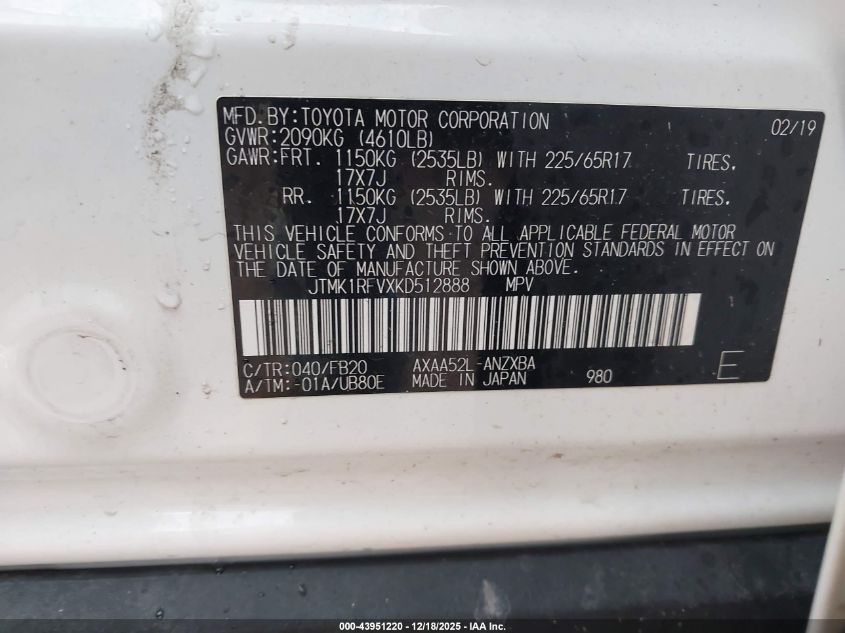 2019 Toyota Rav4 Le VIN: JTMK1RFVXKD512888 Lot: 43951220