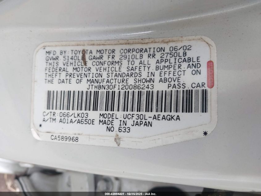 2002 Lexus Ls 430 VIN: JTHBN30F120086243 Lot: 43951221