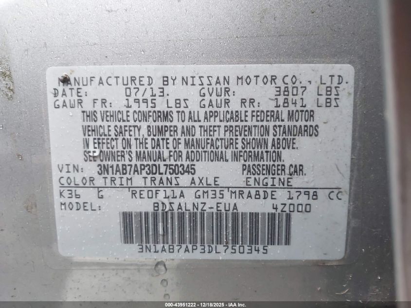 2013 Nissan Sentra Fe+ Sv VIN: 3N1AB7AP3DL750345 Lot: 43951222