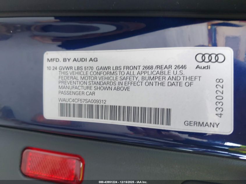 2025 Audi S5 Sportback Premium Tfsi Quattro Tiptronic VIN: WAUC4CF57SA009312 Lot: 43951224
