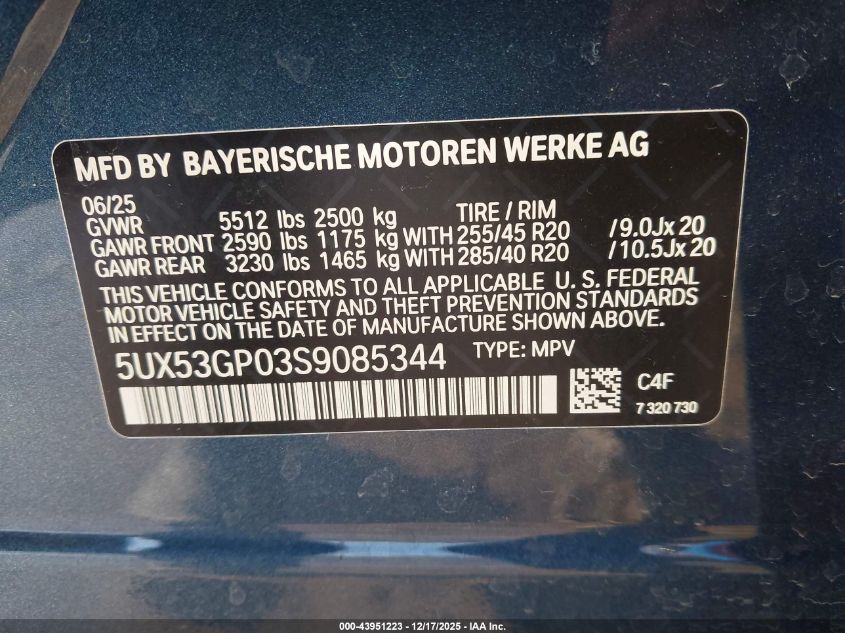 2025 BMW X3 30 xDrive VIN: 5UX53GP03S9085344 Lot: 43951223