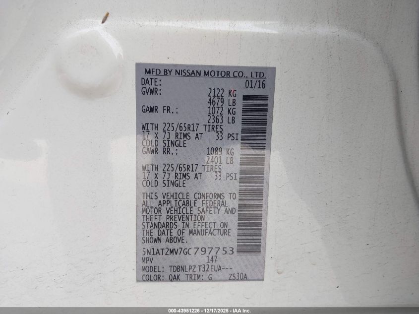 2016 Nissan Rogue S/Sl/Sv VIN: 5N1AT2MV7GC797753 Lot: 43951226