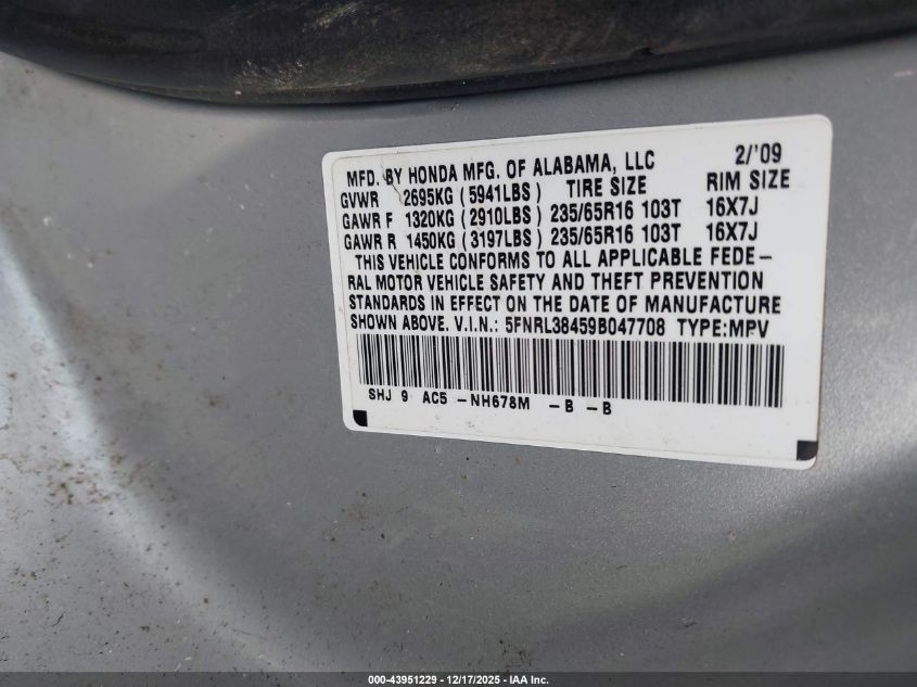 2009 Honda Odyssey Ex VIN: 5FNRL38459B047708 Lot: 43951229