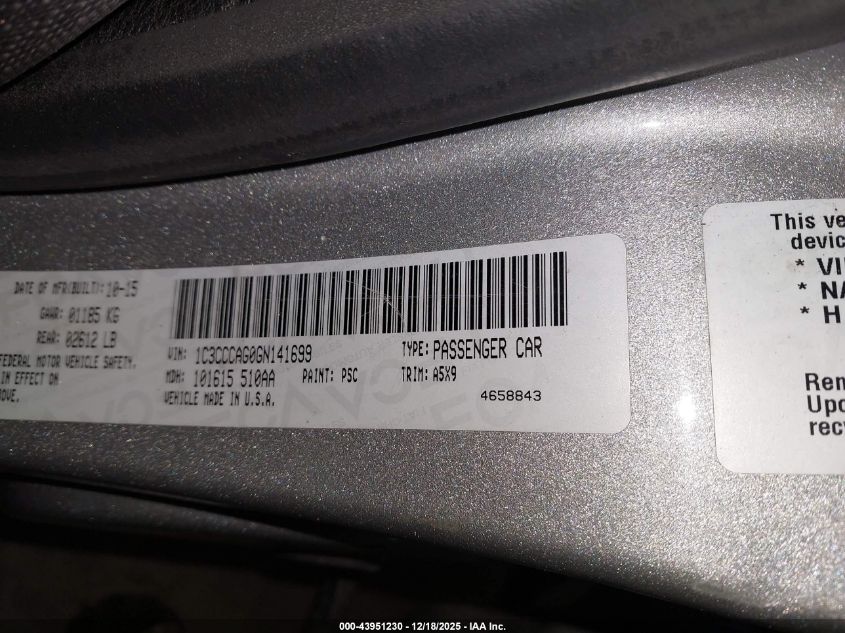 2016 Chrysler 200 Limited VIN: 1C3CCCAG0GN141699 Lot: 43951230