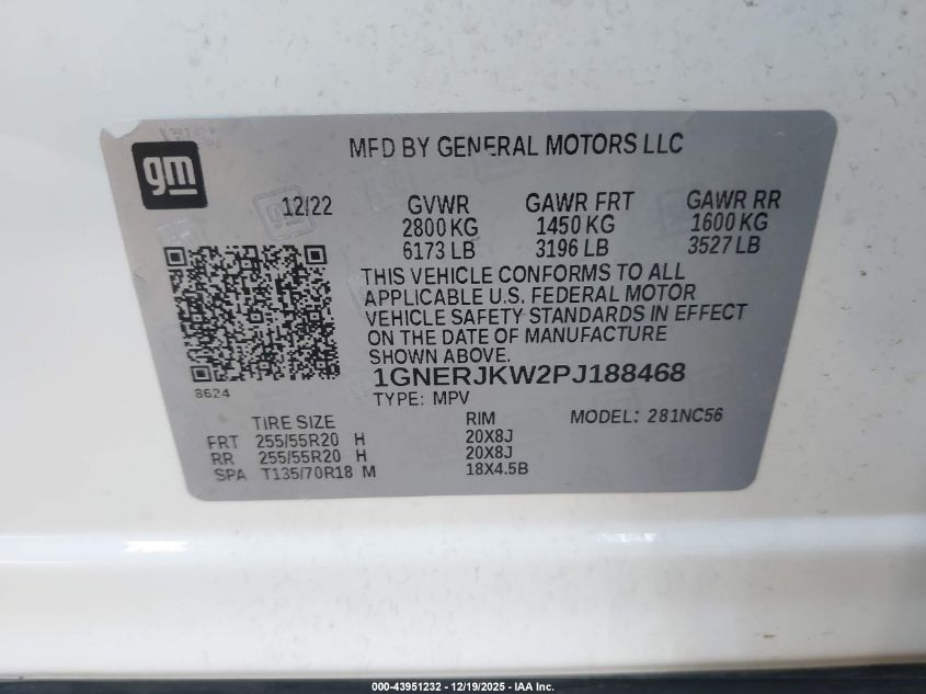 2023 Chevrolet Traverse Fwd Rs VIN: 1GNERJKW2PJ188468 Lot: 43951232