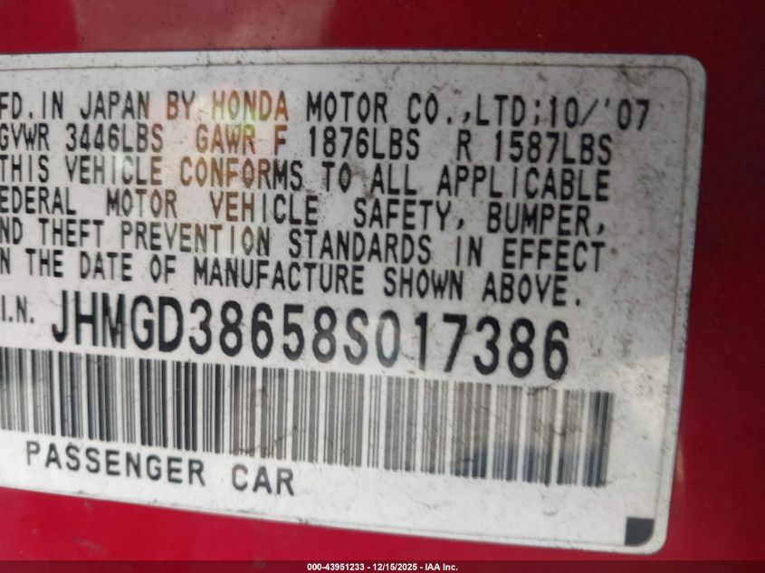 2008 Honda Fit Sport VIN: JHMGD38658S017386 Lot: 43951233