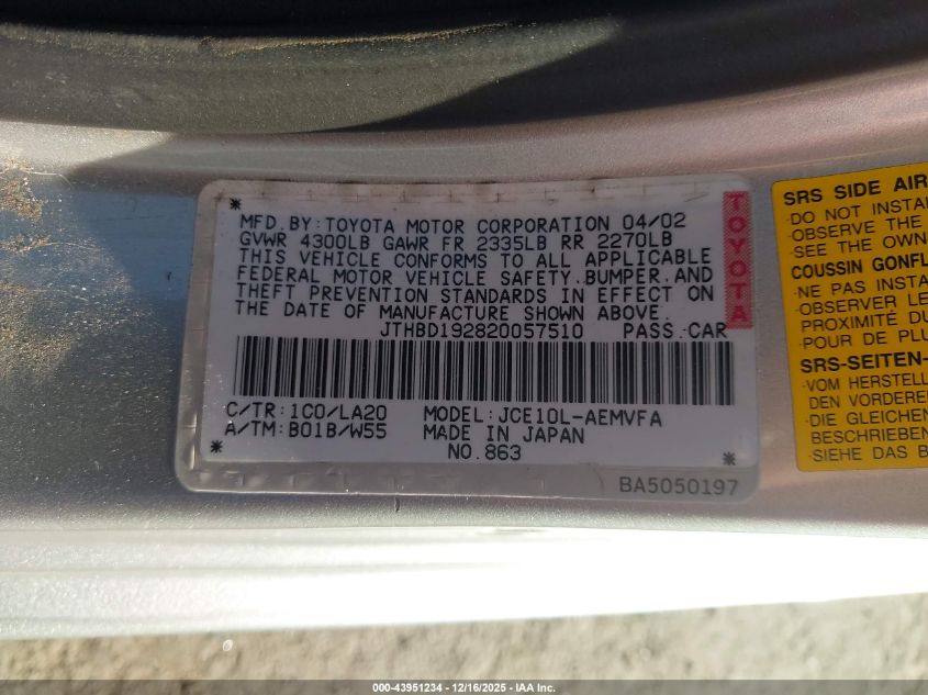 2002 Lexus Is 300 Base W/5-Speed Manual VIN: JTHBD192820057510 Lot: 43951234