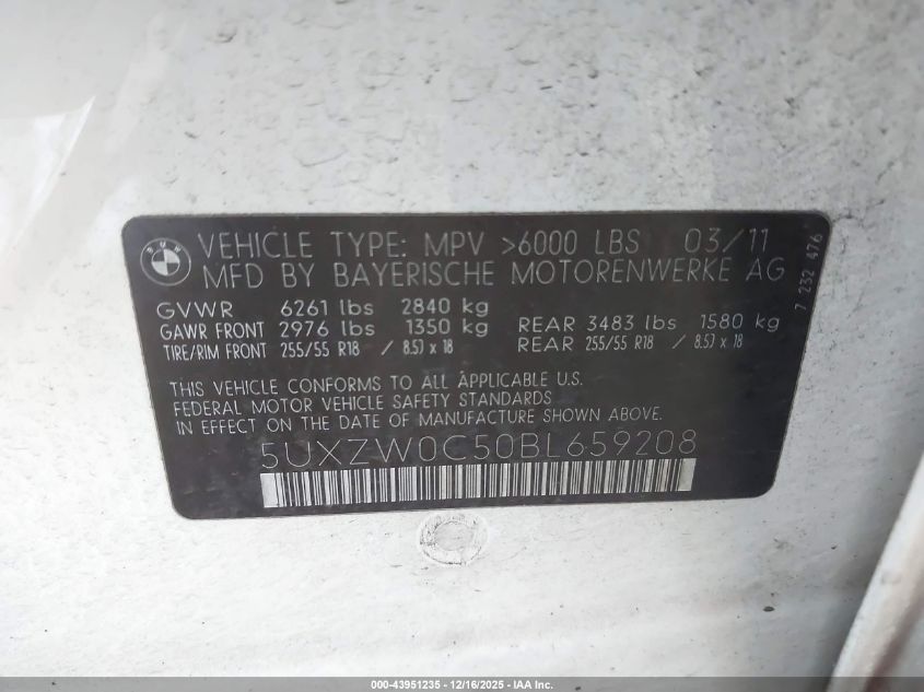 2011 BMW X5 xDrive35D VIN: 5UXZW0C50BL659208 Lot: 43951235