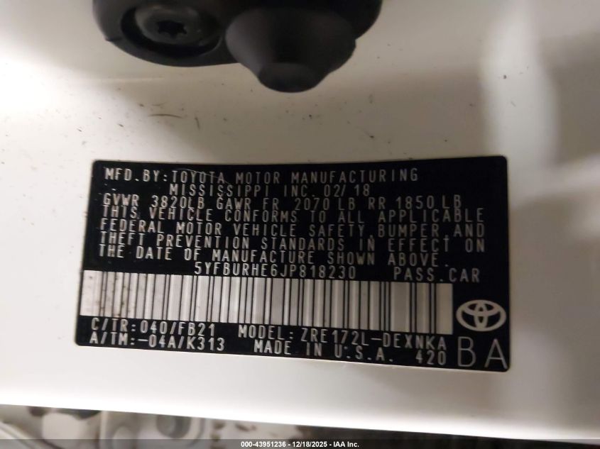 2018 Toyota Corolla Le VIN: 5YFBURHE6JP818230 Lot: 43951236