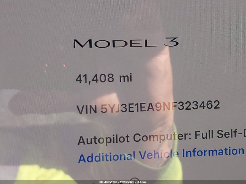 2022 Tesla Model 3 Rear-Wheel Drive VIN: 5YJ3E1EA9NF323462 Lot: 43951239