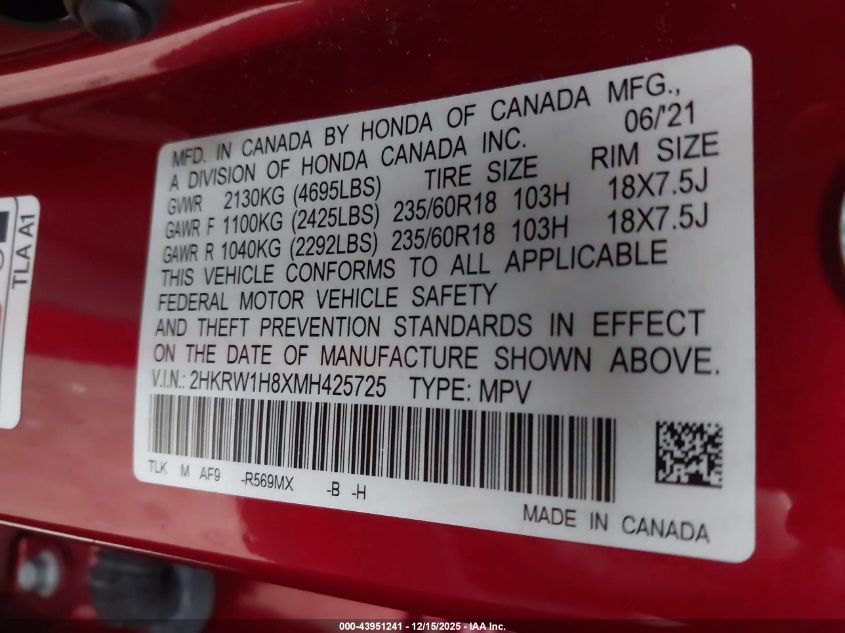 2021 Honda Cr-V 2Wd Ex-L VIN: 2HKRW1H8XMH425725 Lot: 43951241