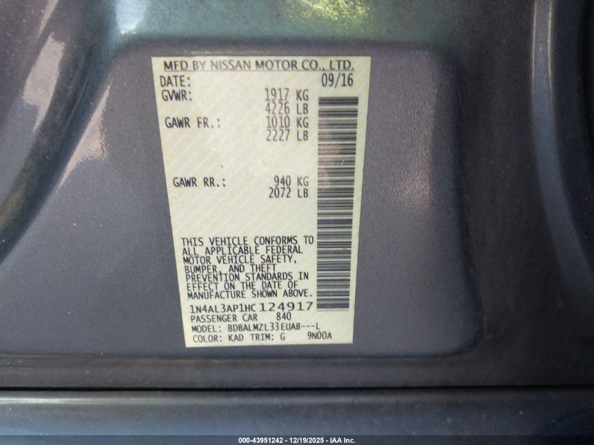 2017 Nissan Altima 2.5 Sv VIN: 1N4AL3AP1HC124917 Lot: 43951242
