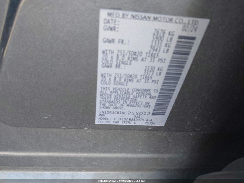 2024 Nissan Pathfinder Sl Fwd VIN: 5N1DR3CB1RC255012 Lot: 43951245