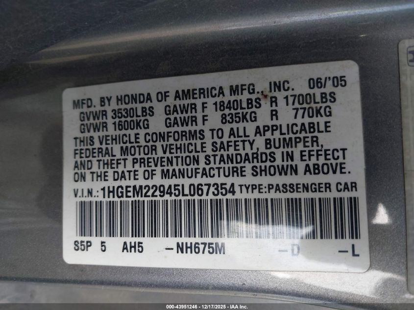 2005 Honda Civic Ex VIN: 1HGEM22945L067354 Lot: 43951246