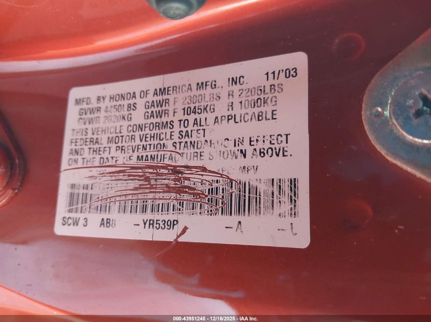 2003 Honda Element Ex VIN: 5J6YH17533L008030 Lot: 43951248