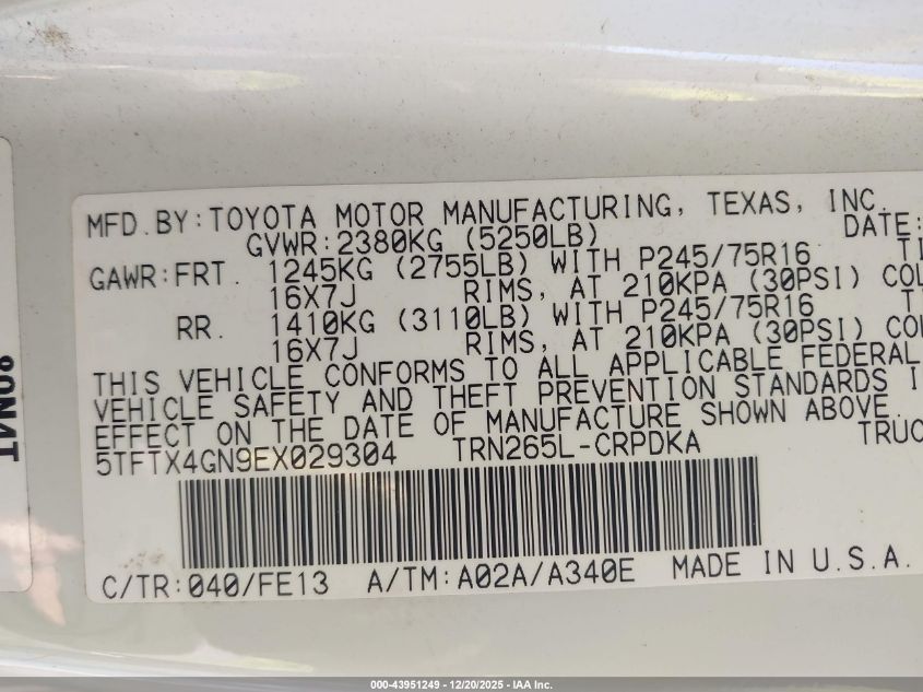 2014 Toyota Tacoma Prerunner VIN: 5TFTX4GN9EX029304 Lot: 43951249