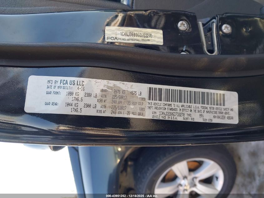 2016 Jeep Compass Latitude VIN: 1C4NJDEB0GD733270 Lot: 43951252