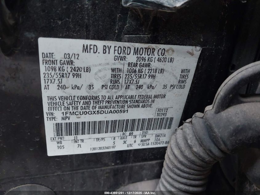 2013 Ford Escape Se VIN: 1FMCU0GX5DUA00591 Lot: 43951251