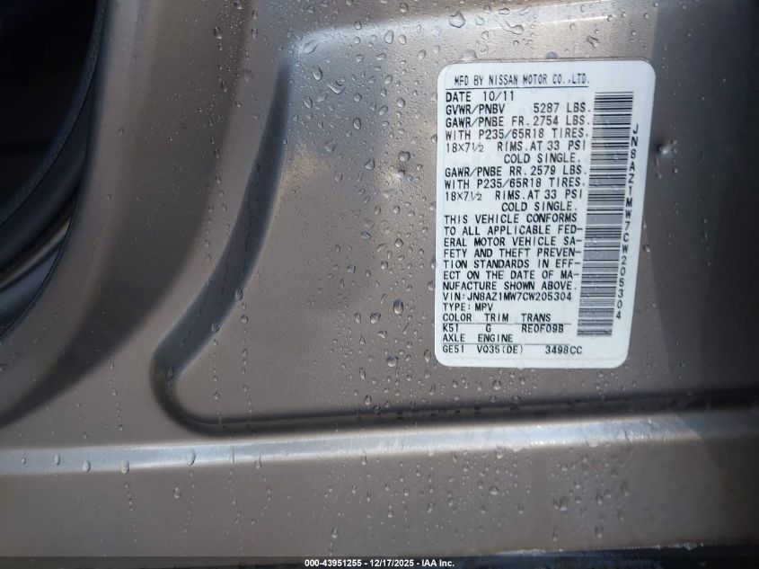 2012 Nissan Murano Sv VIN: JN8AZ1MW7CW205304 Lot: 43951255