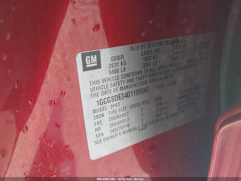 2016 Chevrolet Colorado Z71 VIN: 1GCGSDE34G1185547 Lot: 43951258