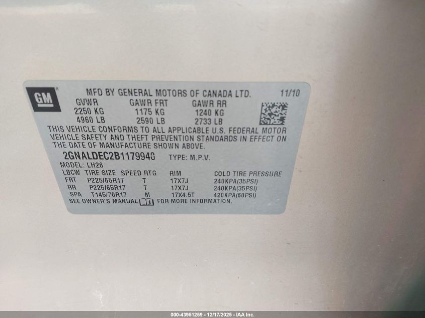 2011 Chevrolet Equinox 1Lt VIN: 2GNALDEC2B1179940 Lot: 43951259