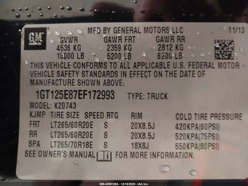 2014 GMC Sierra 2500Hd Denali VIN: 1GT125E87EF172993 Lot: 43951264