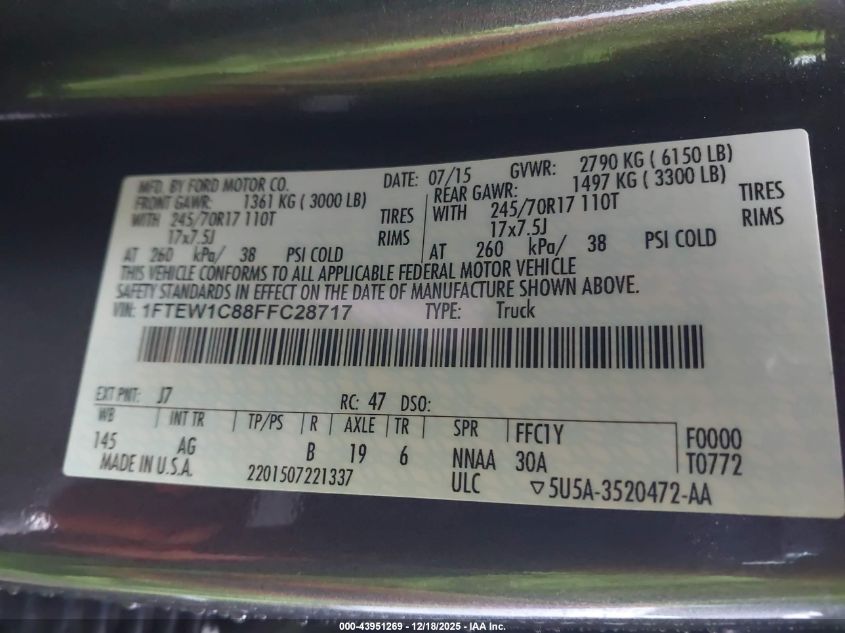 2015 Ford F-150 Xl VIN: 1FTEW1C88FFC28717 Lot: 43951269