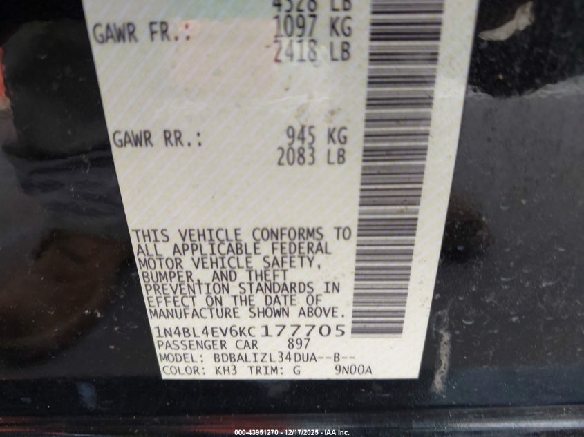 2019 Nissan Altima 2.5 Sl VIN: 1N4BL4EV6KC177705 Lot: 43951270