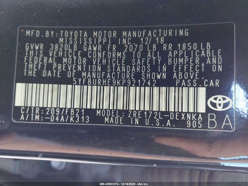 2019 Toyota Corolla Le VIN: 5YFBURHE9KP921742 Lot: 43951274