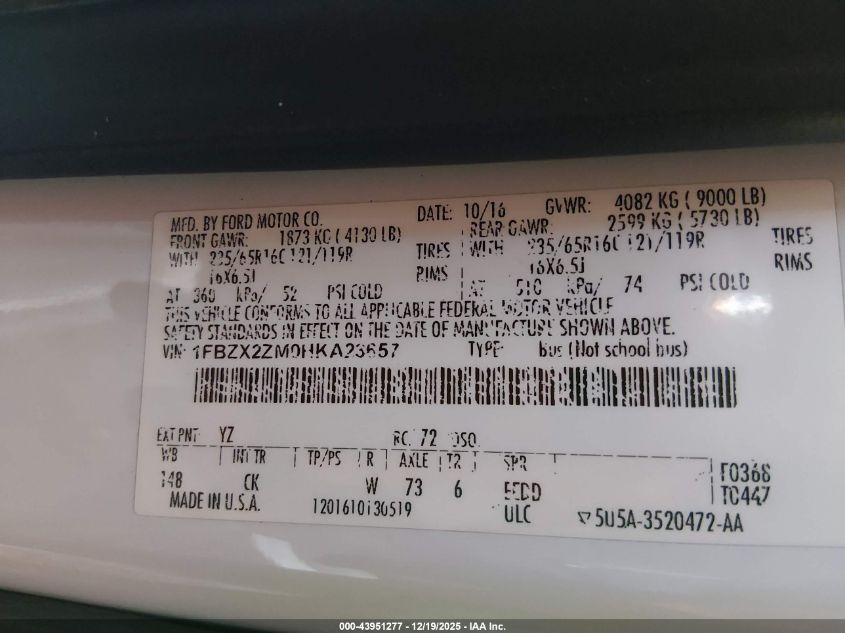 2017 Ford Transit-350 Xlt VIN: 1FBZX2ZM0HKA23657 Lot: 43951277